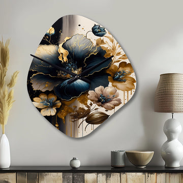 Dark Blue And Gold Hibiscus II - Asymmetric Metal Wall Clock